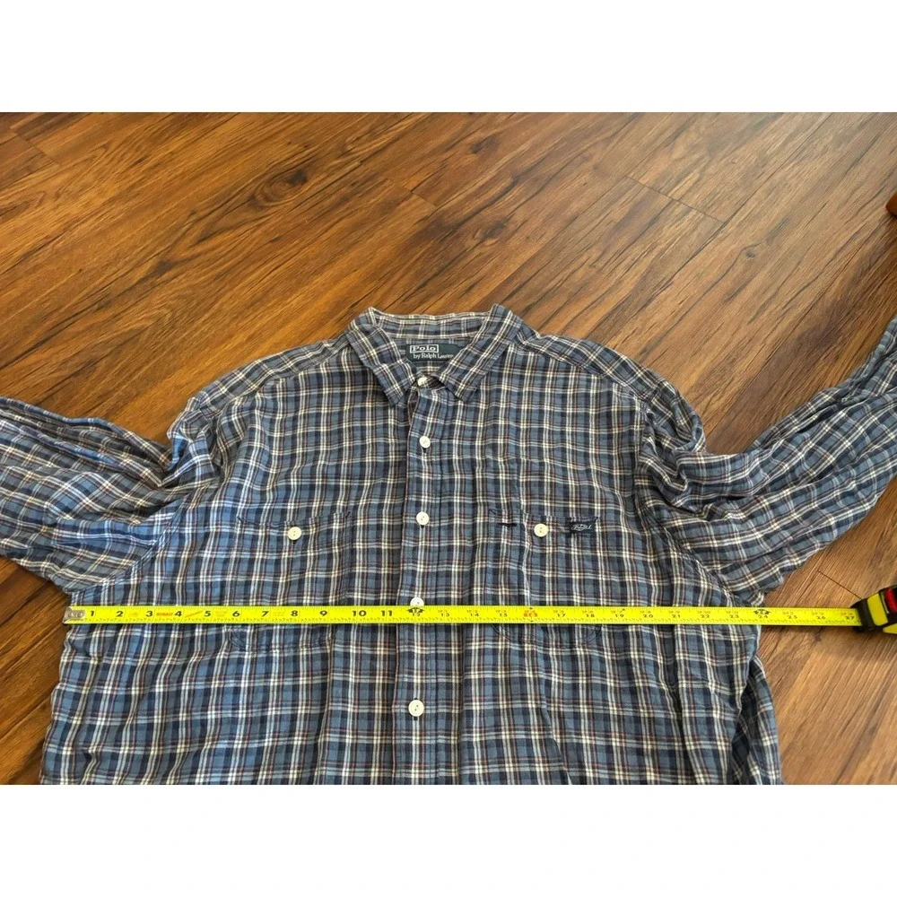 Polo Ralph Lauren Linen Blend Plaid Shirt Mens XXL Long Sleeve Button Down Blue